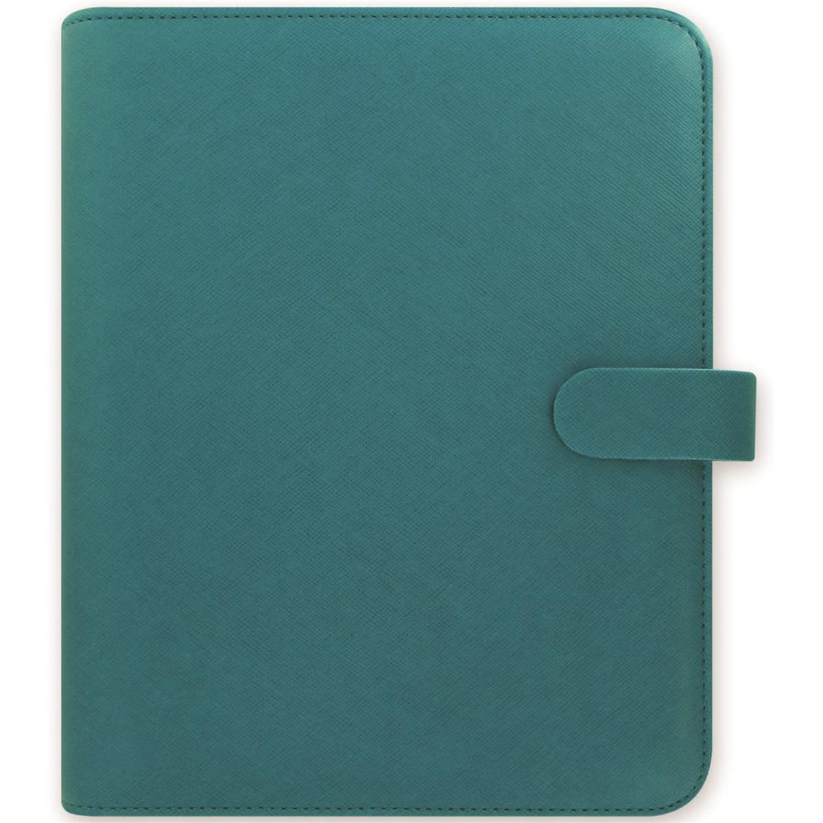 A aquamarine organiser with a smooth texture and a secure closure, featuring a logo.