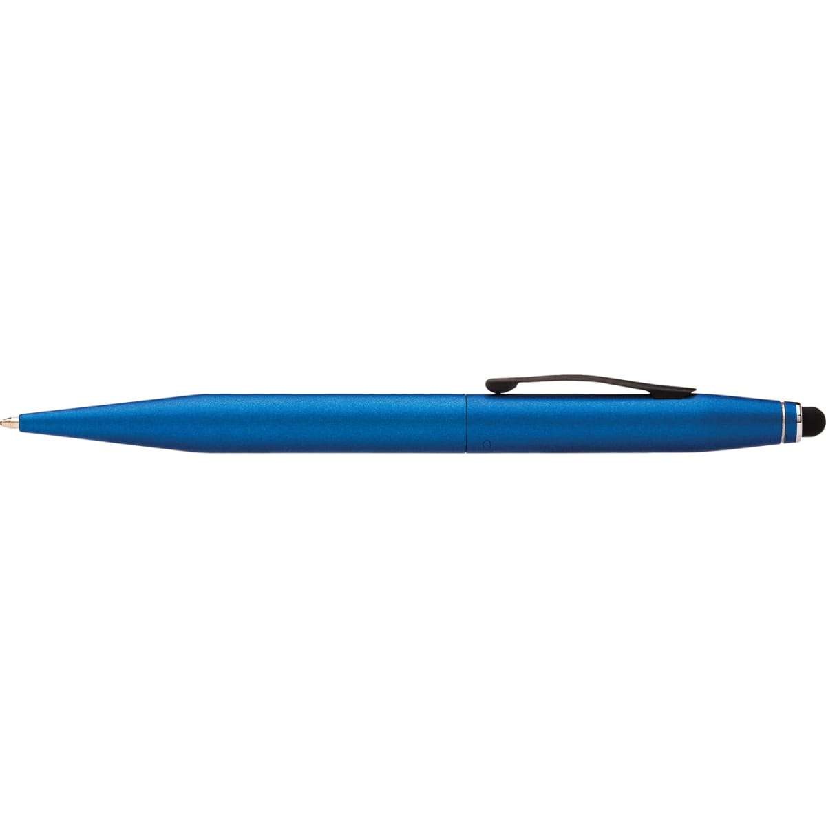A pen featuring a metallic blue finish, with a sleek design and a black clip. It also has a branding logo.