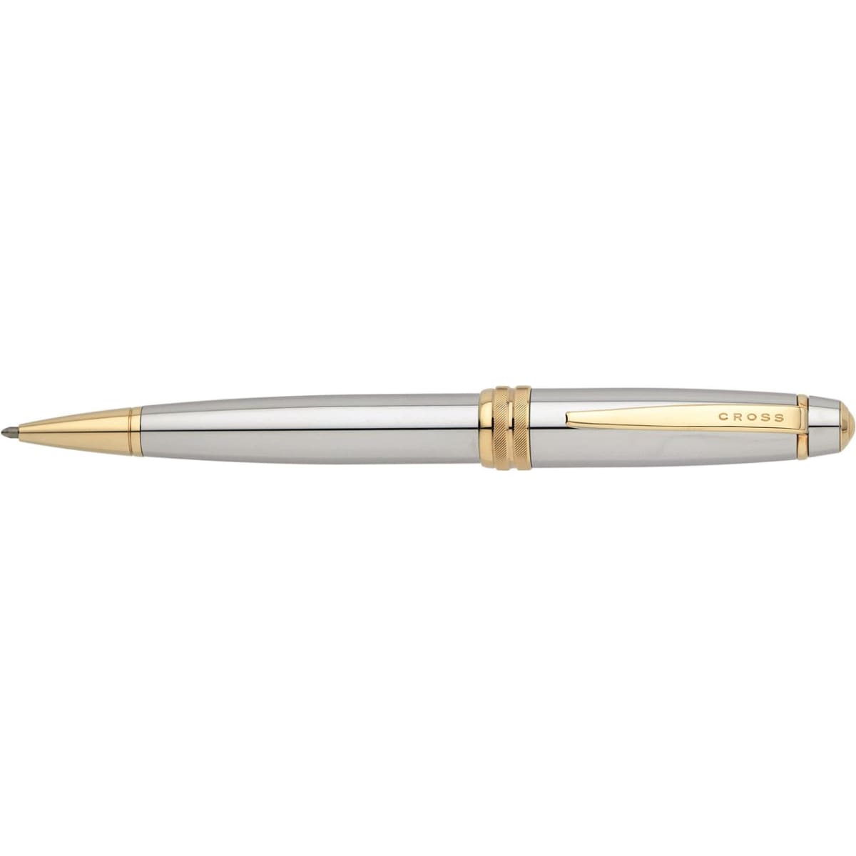 A stylish pen featuring a chrome body with gold accents and a branding logo.