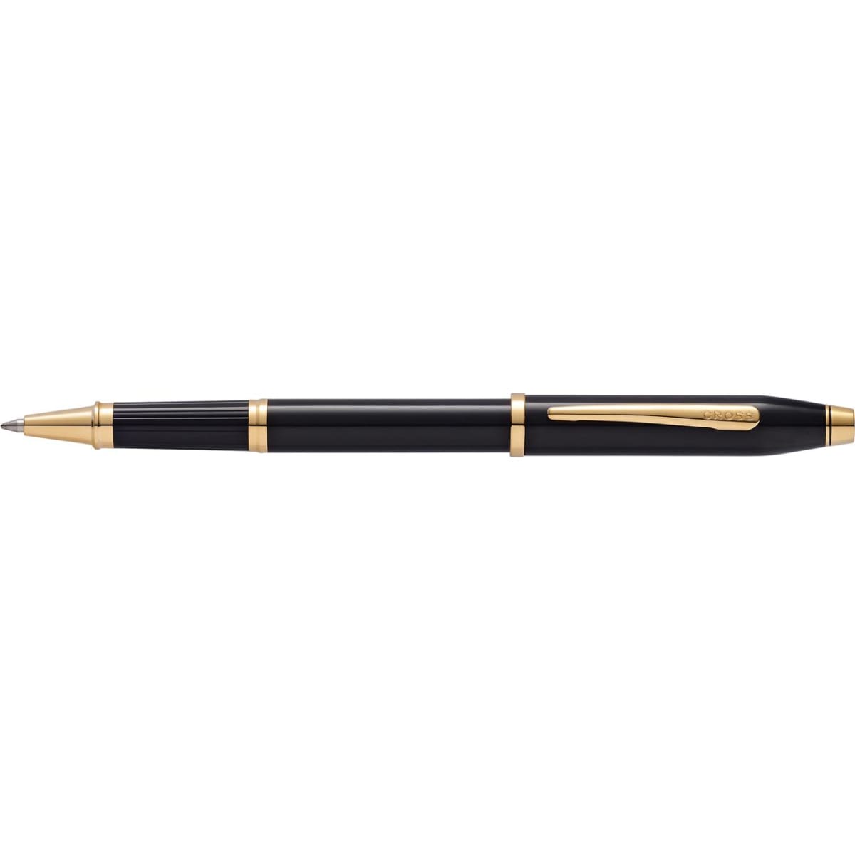 A black lacquer pen with 23ct gold plating and a sleek design, featuring a clip and a branded logo.