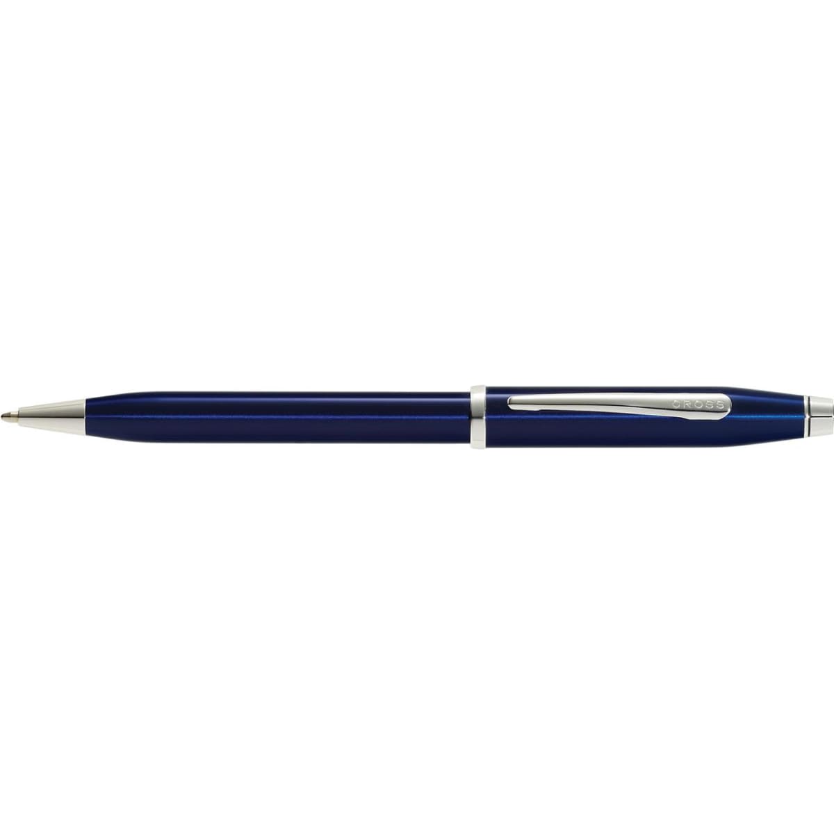 A blue lacquer ballpoint pen with a silver clip and detailing, featuring a logo.