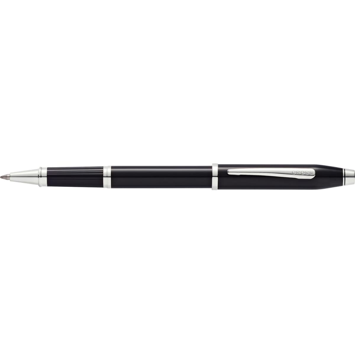 A black lacquer pen with silver accents and a shiny clip, featuring a logo on its body.