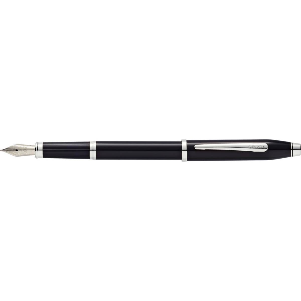 A black lacquer fountain pen with silver accents and a polished nib. It features a logo on the side.