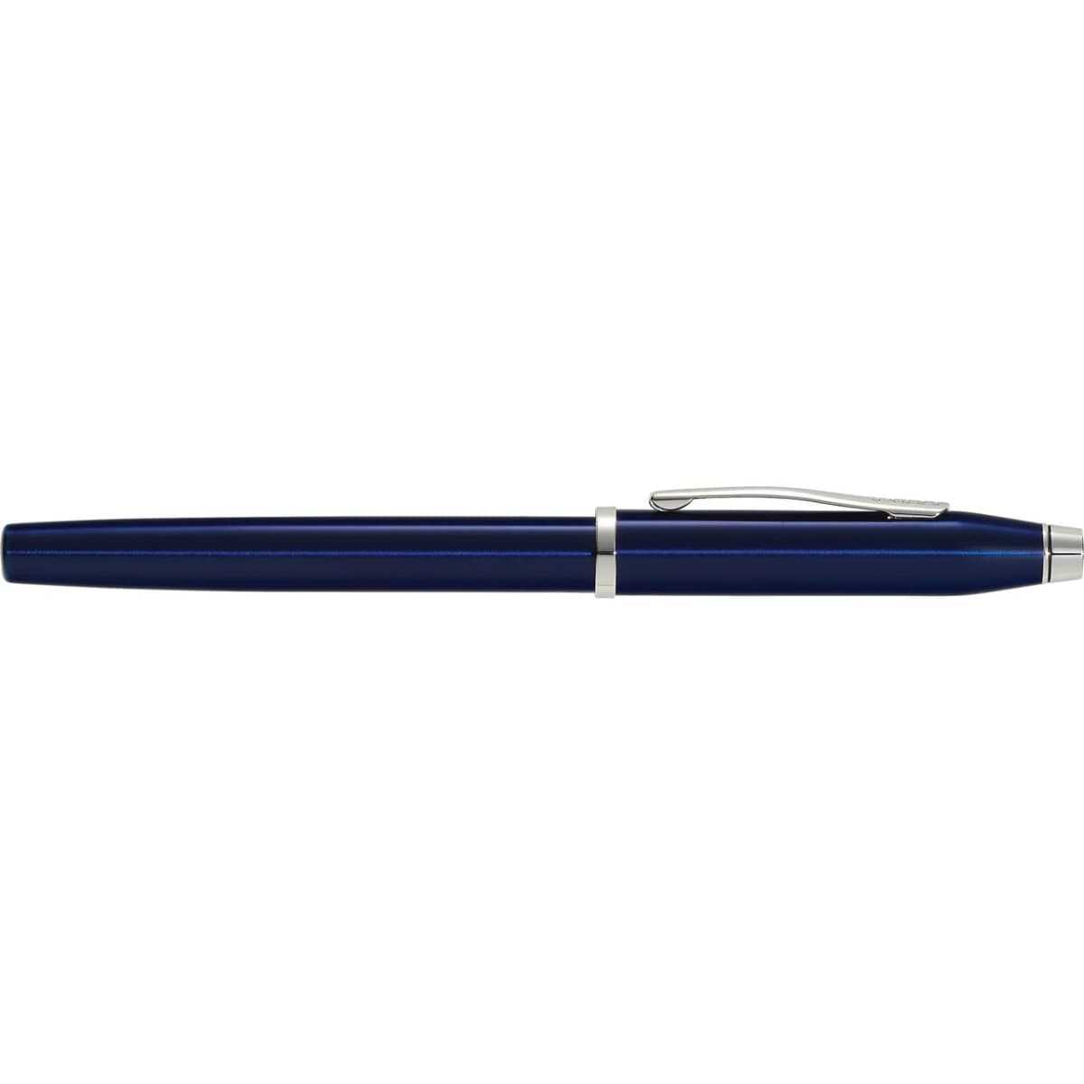 A blue lacquer pen with a silver clip and accents, featuring a sleek, elongated design and a logo.