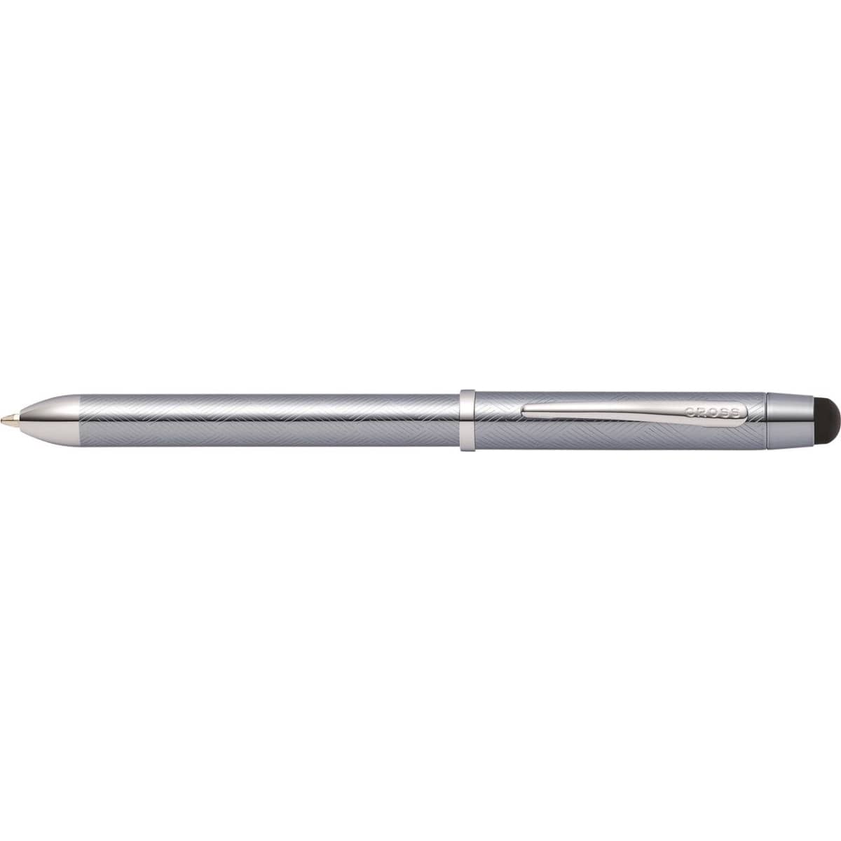 A multi-functional pen in frosty steel, featuring a stylus and a sleek, textured design. It has a branding logo.