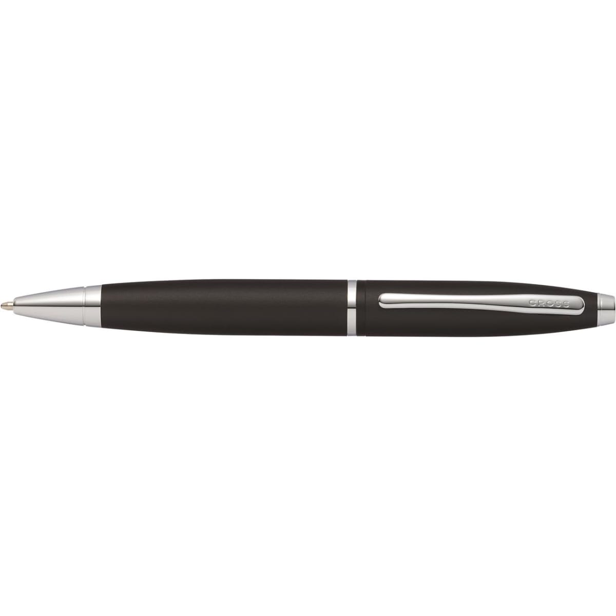 A pen in matt black with silver accents and a sleek design. The pen features a branding logo.