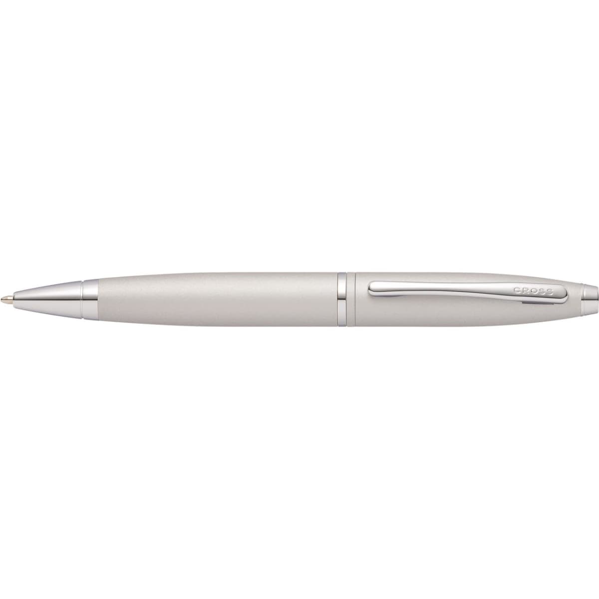A pen in satin chrome with a sleek design, featuring a silver clip and branding.
