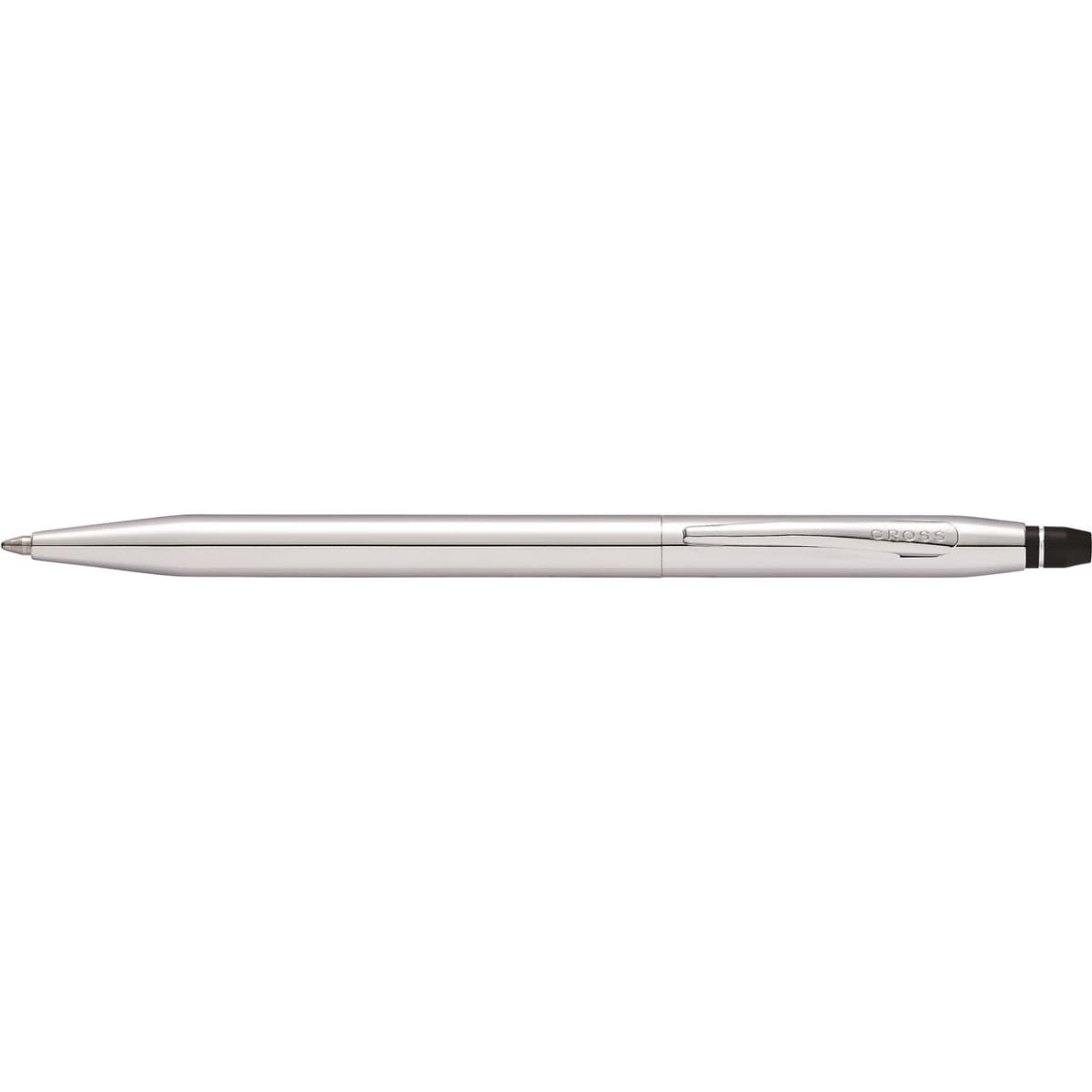 A silver pen with a sleek, chrome finish and a black tip. It features a branding logo.