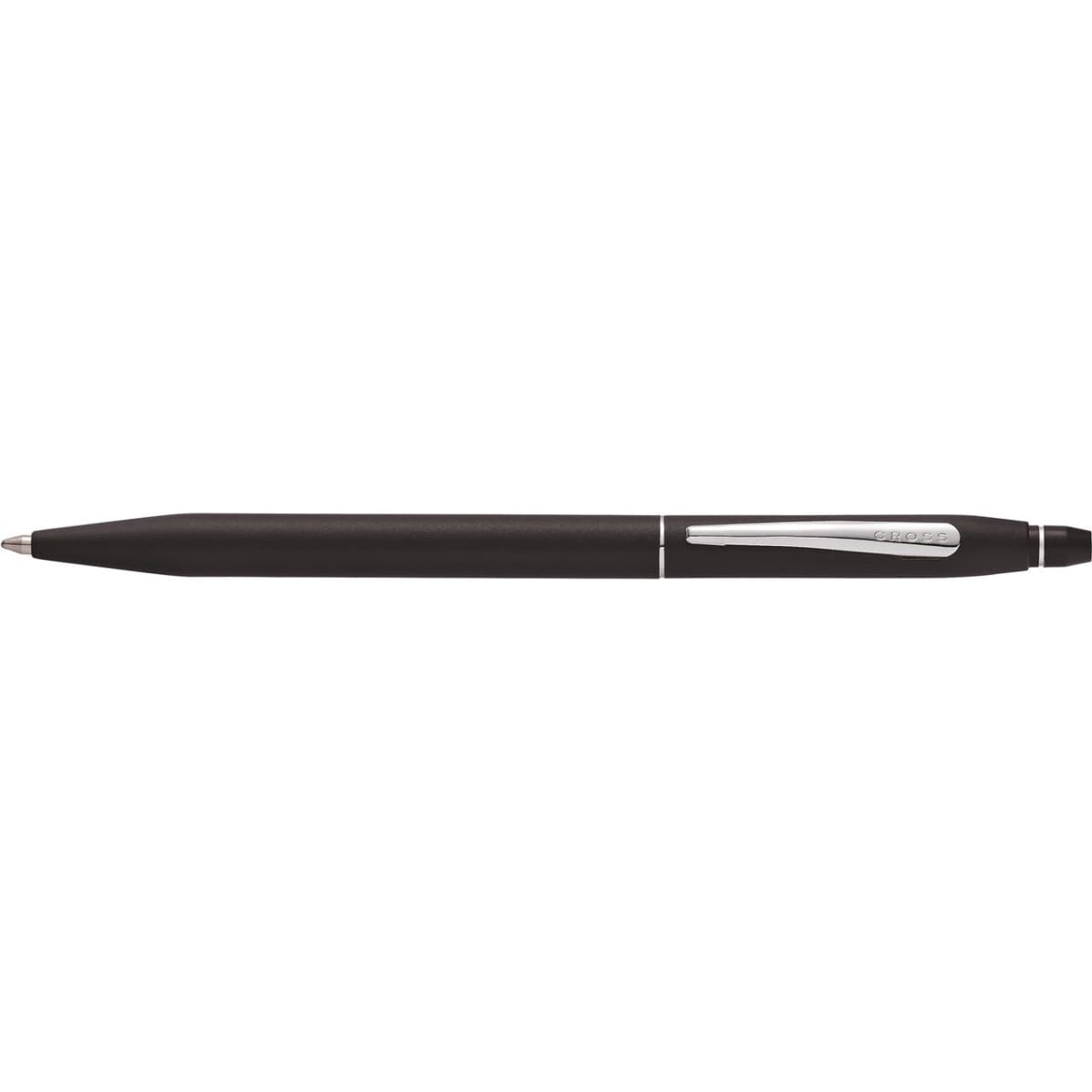 A black pen with a sleek design, featuring a silver clip and branding on the barrel.