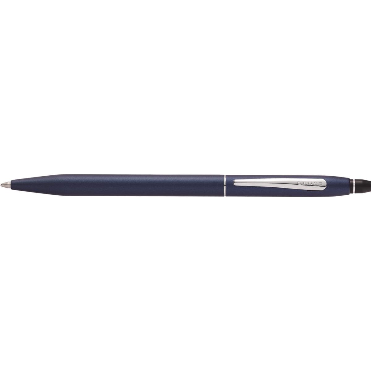 A drink bottle in midnight blue with a sleek design and a silver clip, featuring a logo.