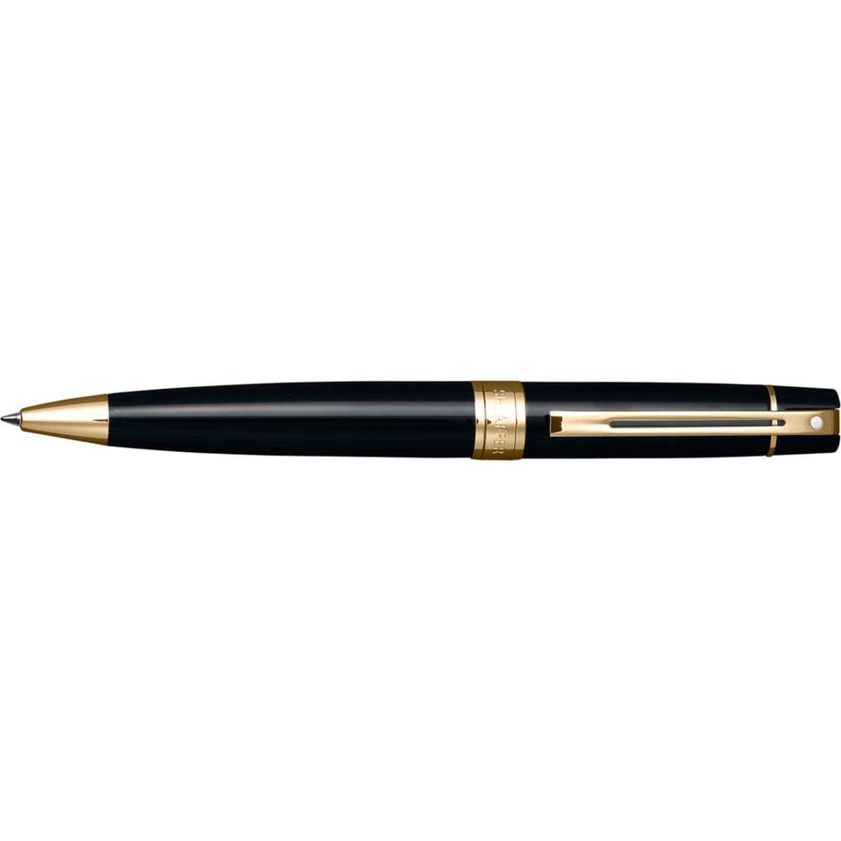 A glossy black pen with 22ct gold accents and a clip, featuring a sleek design and a branding logo.
