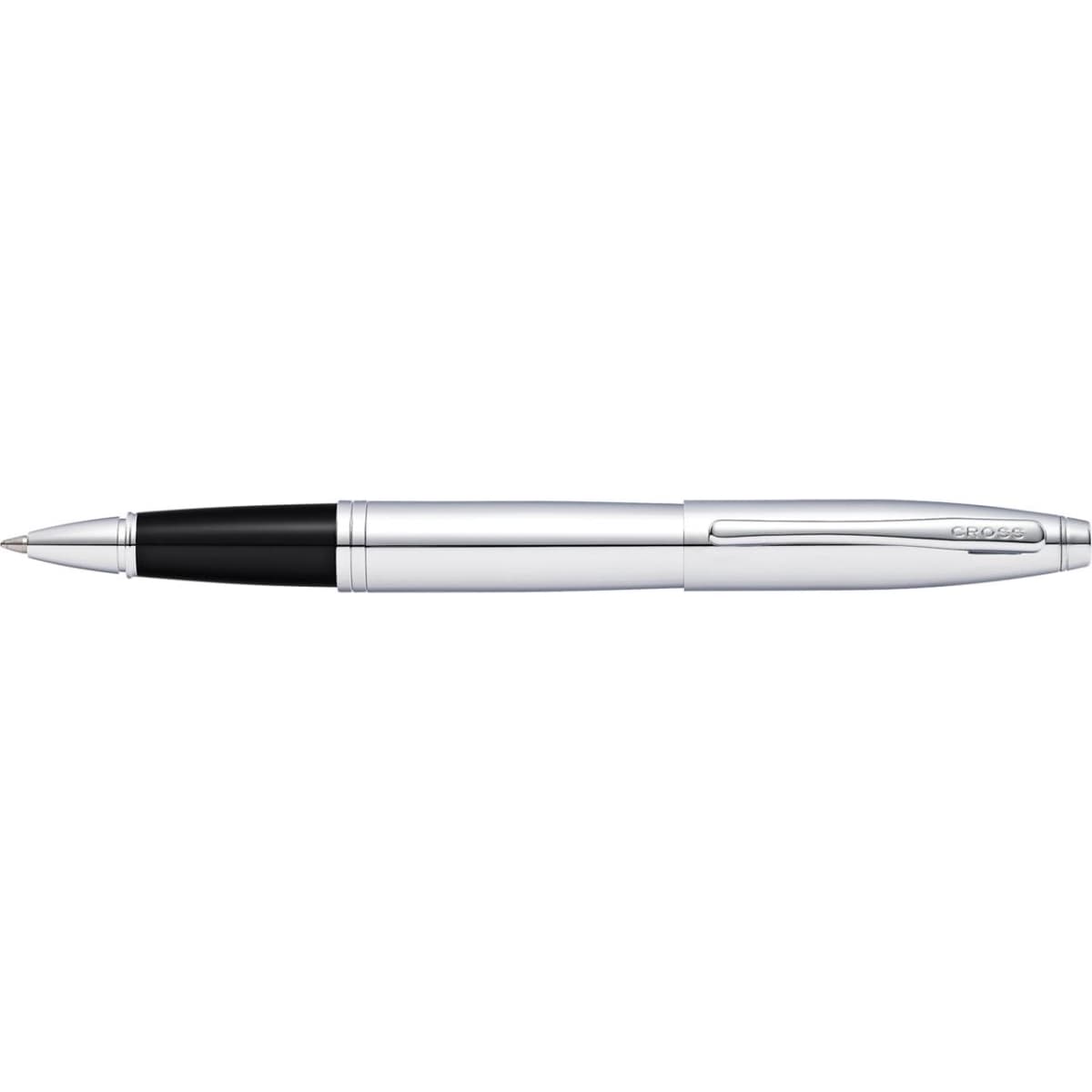 A pen with a lustrous chrome finish and a black cap. The design is sleek and elegant, featuring a brand logo.