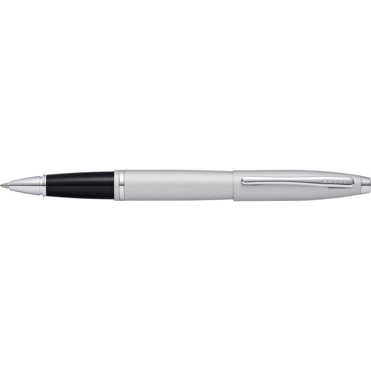 A silver and black ballpoint pen with a sleek design and a branding logo.