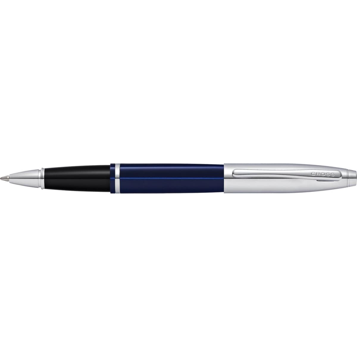 A pen featuring a chrome and blue lacquer finish with a sleek design and a brand logo.