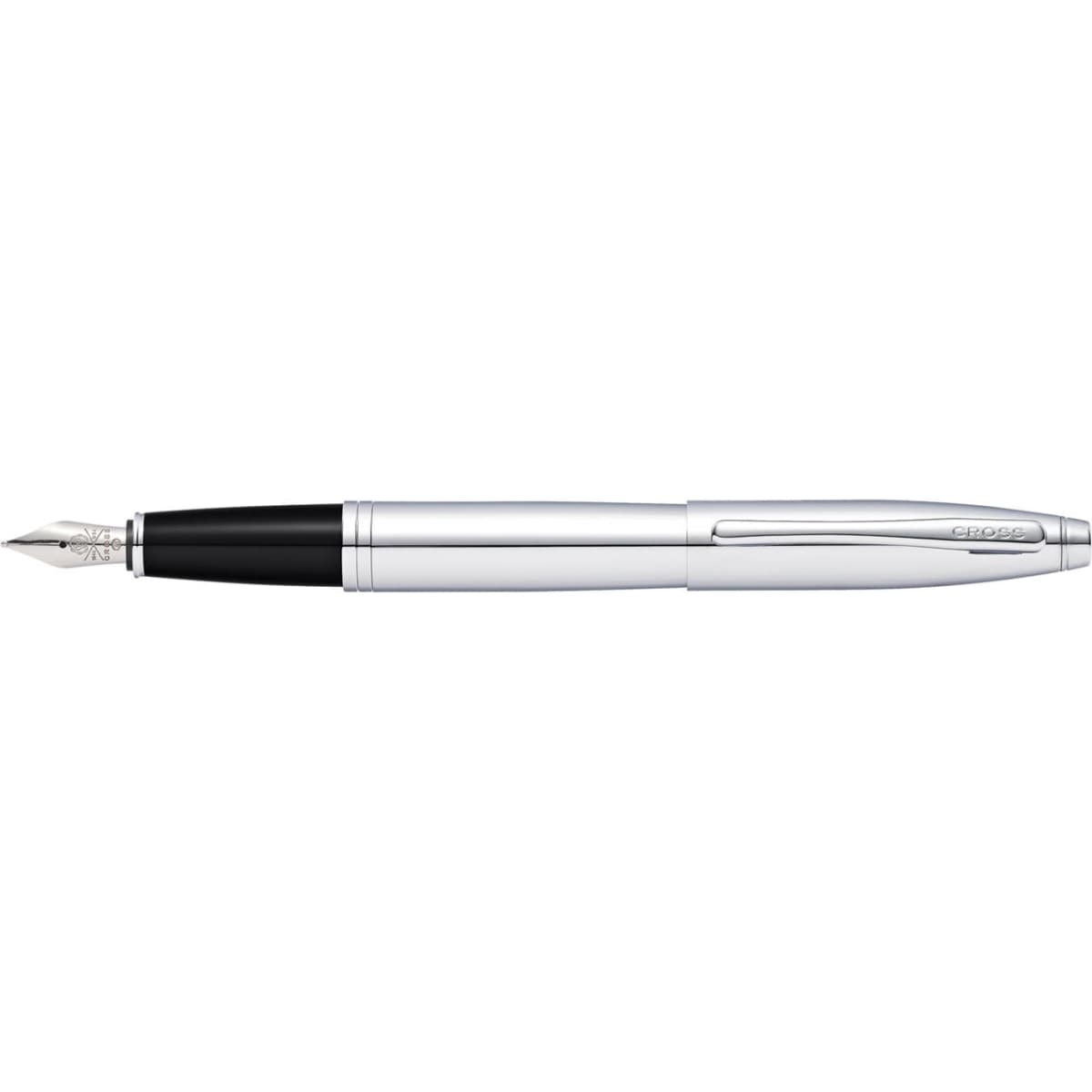 A fountain pen with a lustrous chrome finish and black accents, featuring a branded logo.