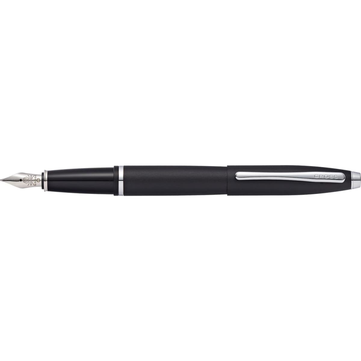 A fountain pen in matte black with a silver clip and detailing, featuring a branded logo.