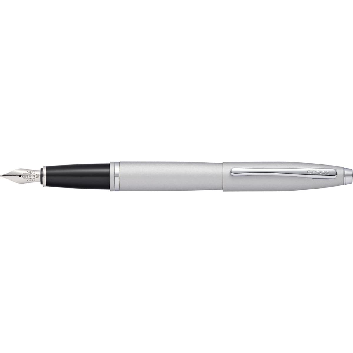 A fountain pen in satin chrome with a black grip and silver accents, featuring a clip and ornate nib.