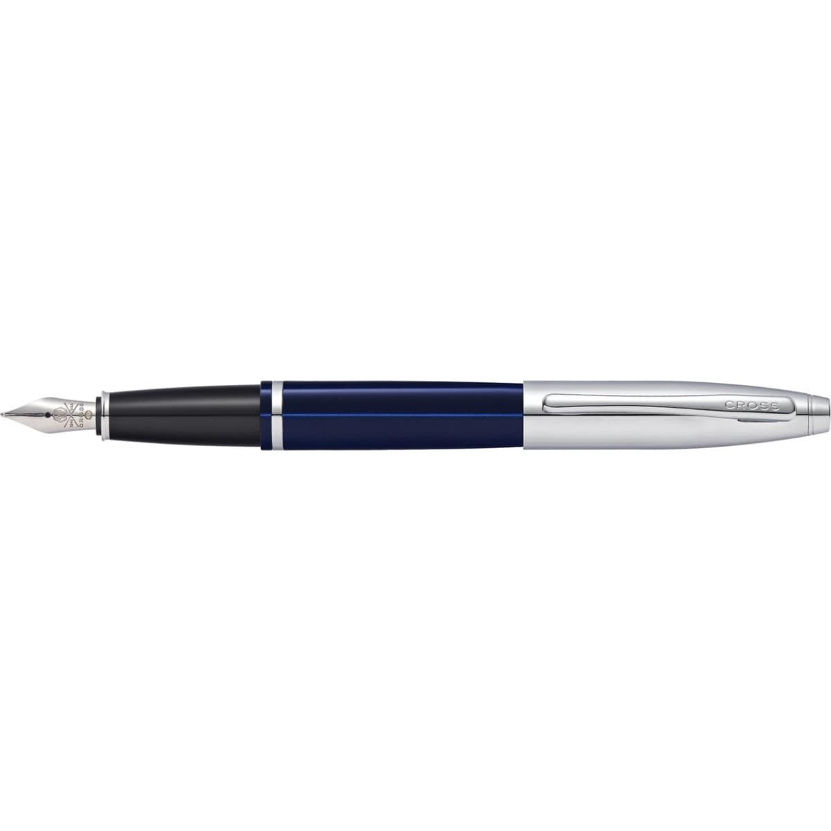 A pen featuring a chrome and blue lacquer finish with a sleek design and a branding logo.