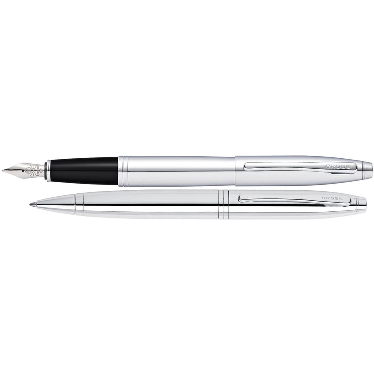 A lustrous chrome fountain pen and ballpoint pen set with black accents, featuring a logo.