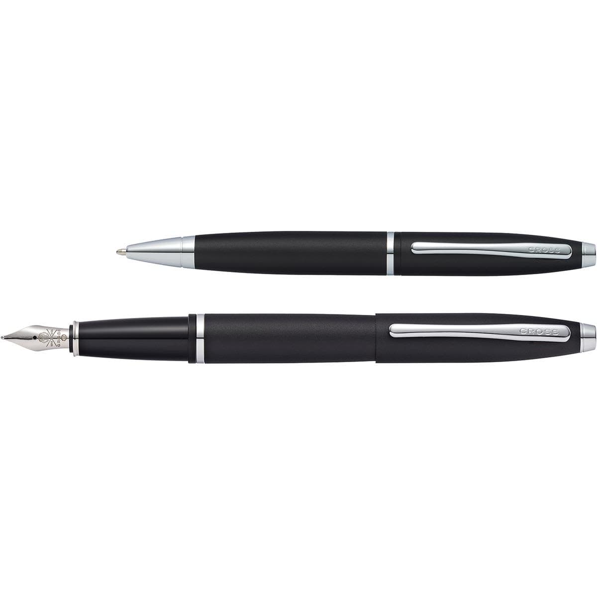 A pen set featuring a matte black ballpoint pen and a matte black fountain pen with silver accents.