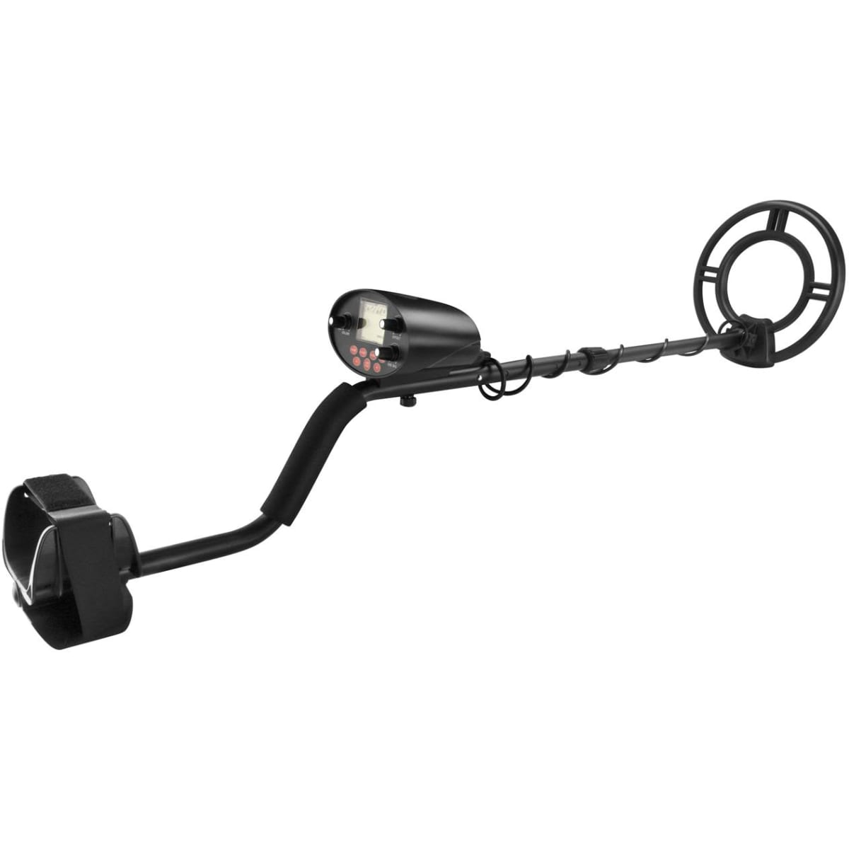 A black metal detector with a circular search coil and a display panel, featuring an adjustable arm and a grip handle.