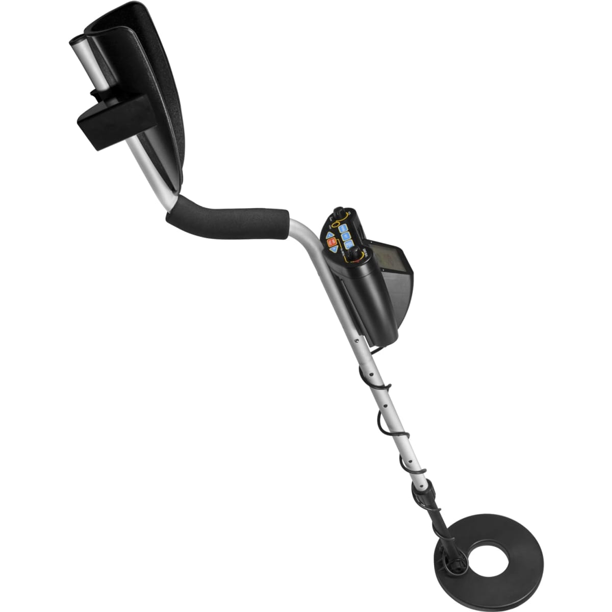 A metal detector in silver and black, featuring a sturdy handle, display screen, and a circular search coil.
