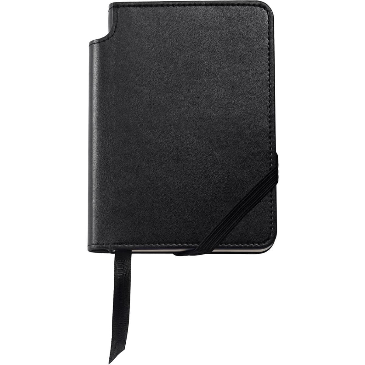 A sleek black A6 notebook with a leather-like cover and an elastic closure, featuring a ribbon bookmark.