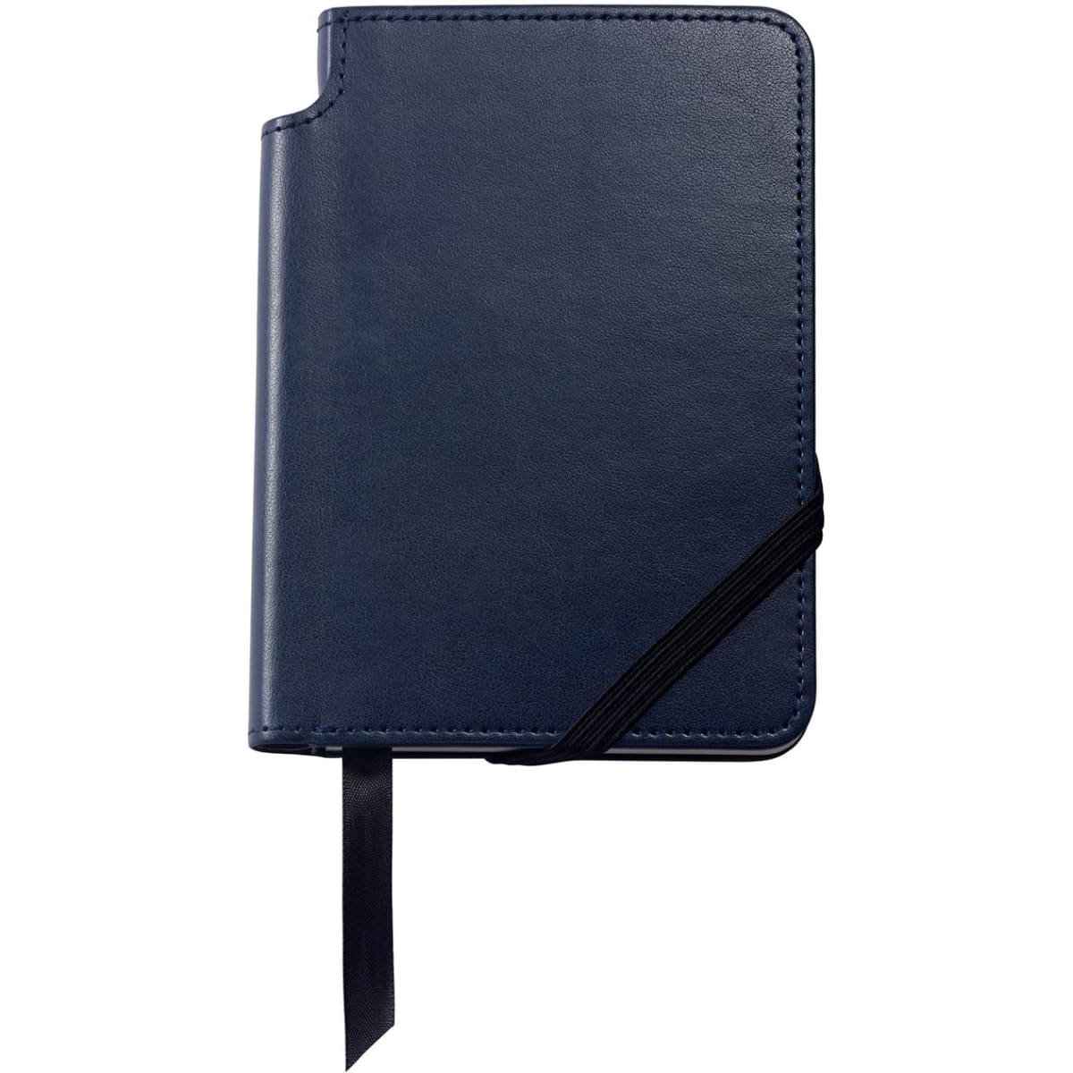 A navy blue A6 journal with a textured cover, featuring an elastic band closure and a ribbon bookmark.