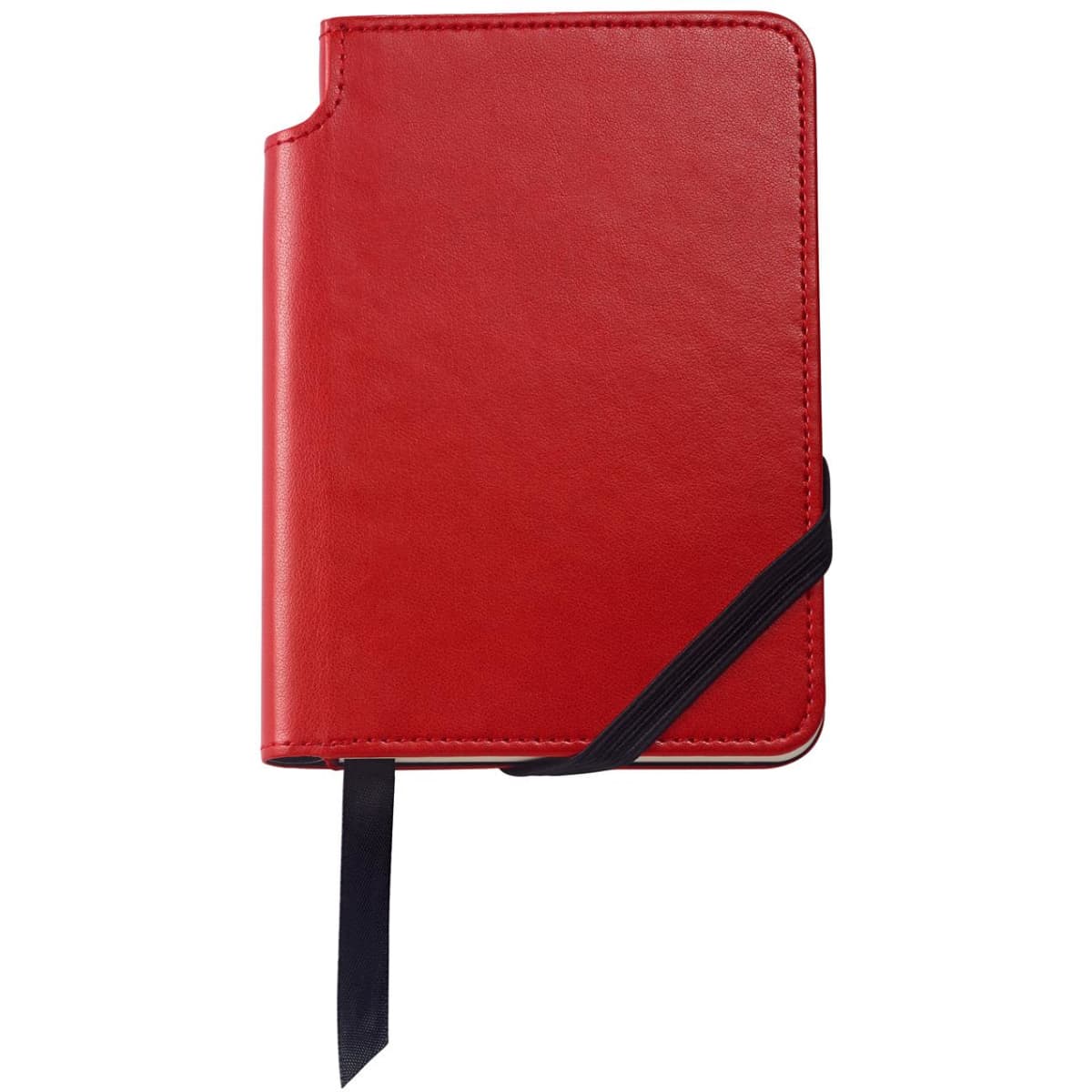 A crimson red A6 notebook with a textured cover and a black elastic closure strap.