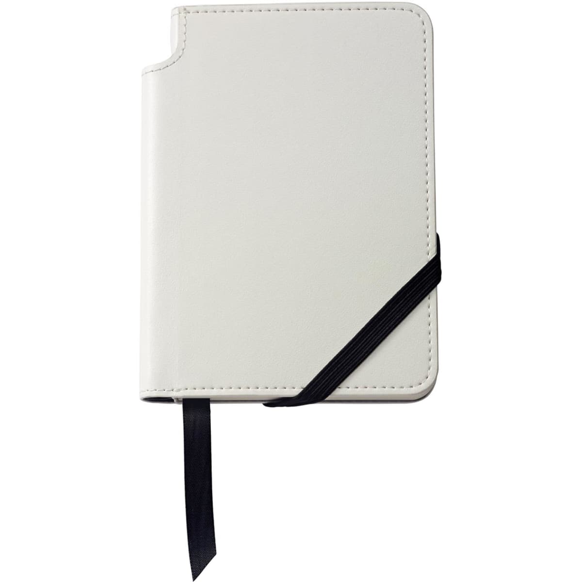 A classic white A6 journal with a black elastic band and ribbon bookmark, featuring a logo on the cover.