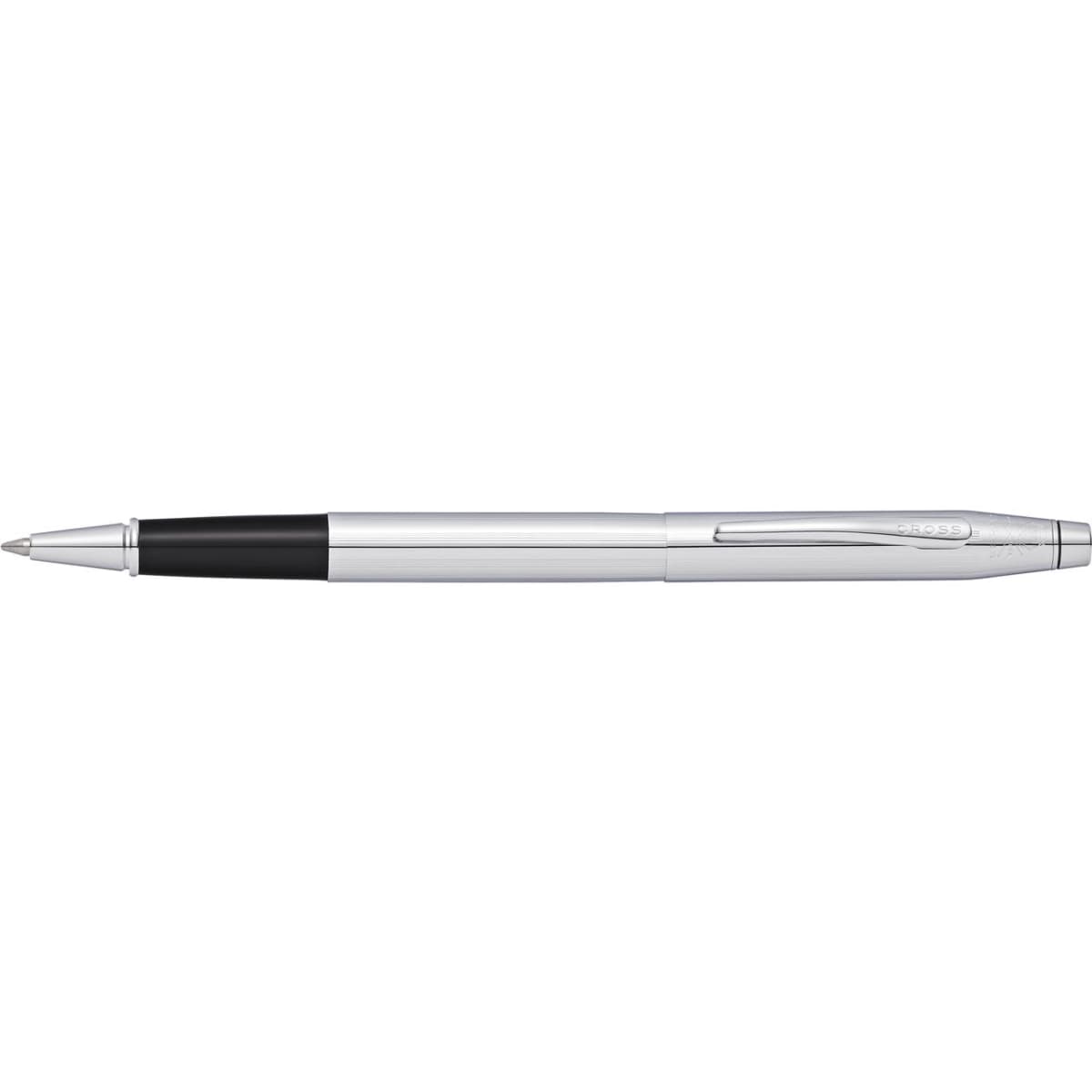 A sleek ballpoint pen in lustrous chrome with a black grip and a clip. It features a subtle branding logo.