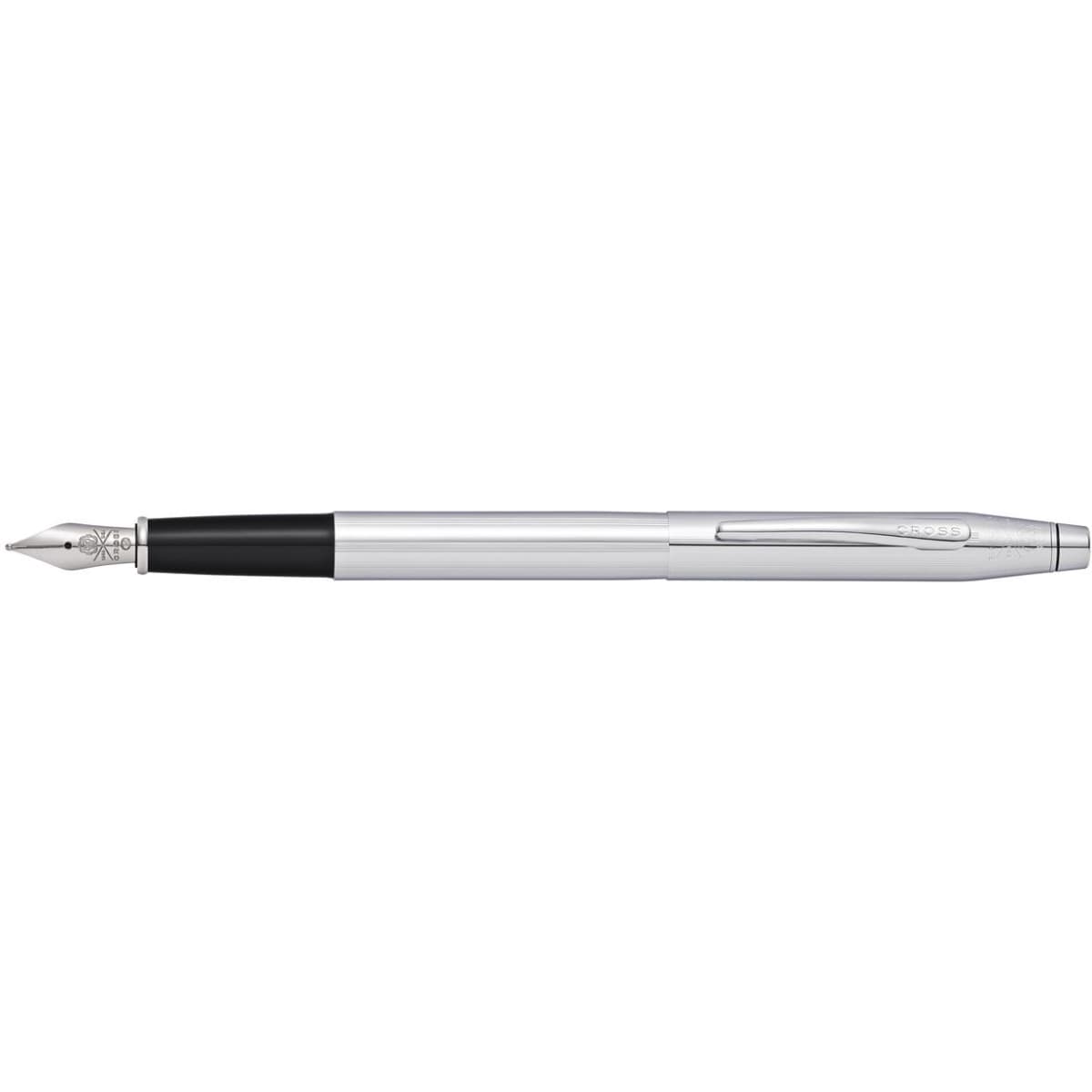A lustrous chrome fountain pen with a black grip and detailed nib design, featuring a clip and branding.