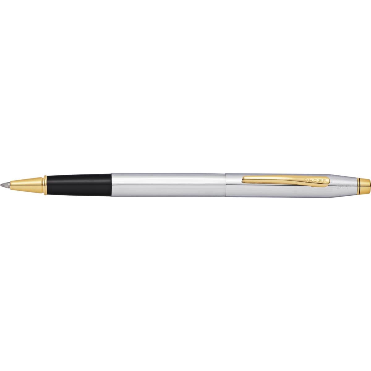A silver and black ballpoint pen with gold accents, featuring a decorative clip and a sleek design.