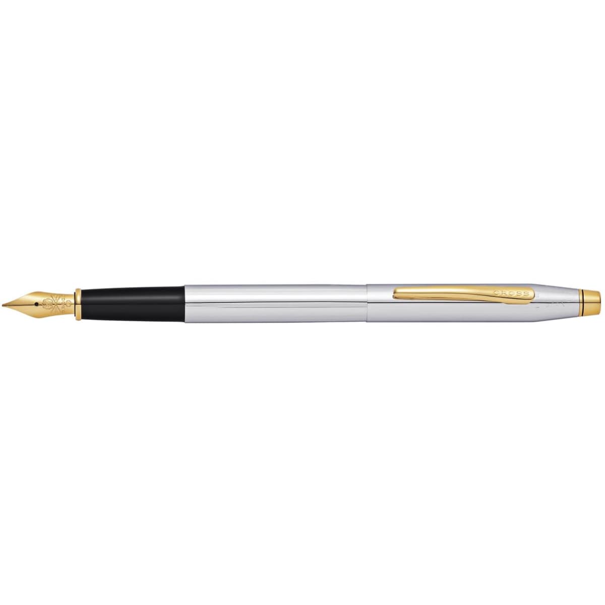 A fountain pen in silver and black with a gold nib and clip, featuring a logo on the side.