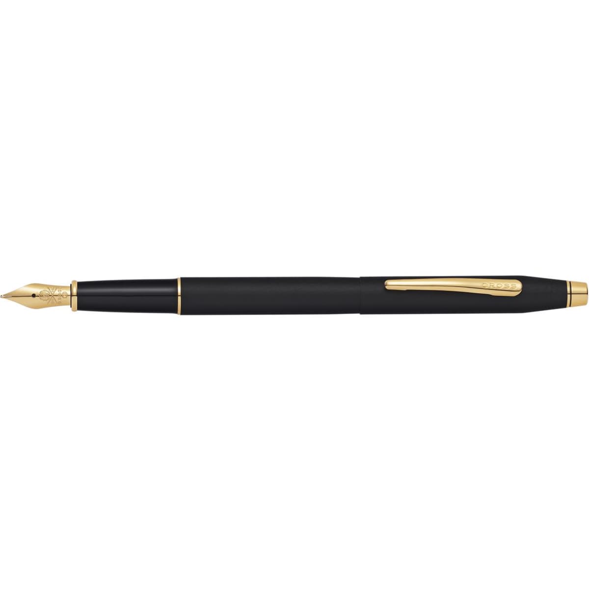A fountain pen with a classic black barrel and gold accents, featuring a detailed nib and a clip.