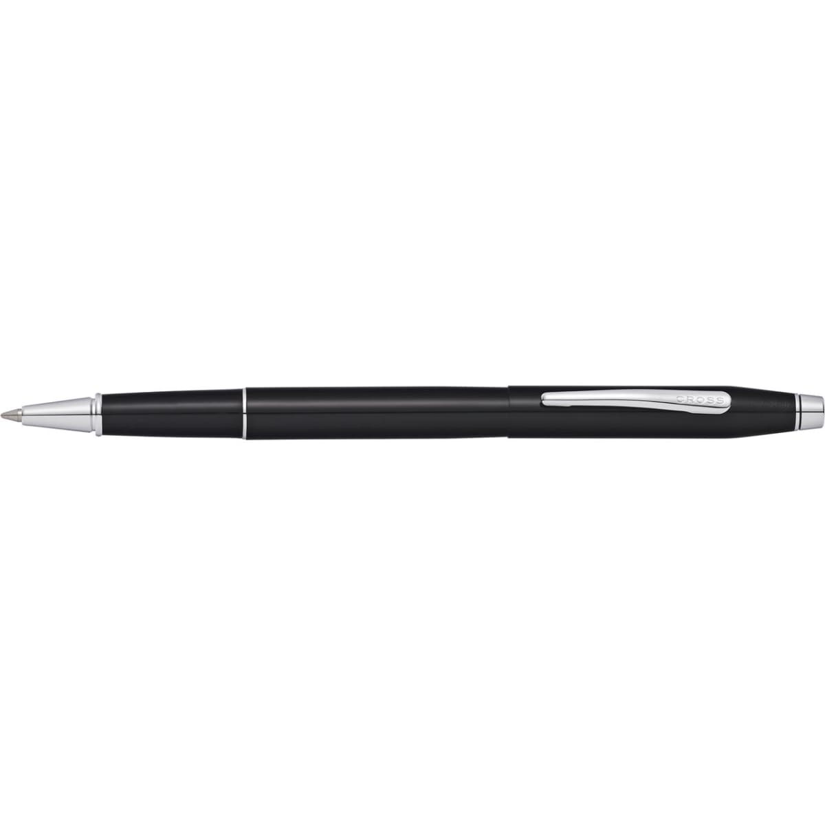 A black lacquer ballpoint pen with silver accents, featuring a clip and a smooth writing tip.