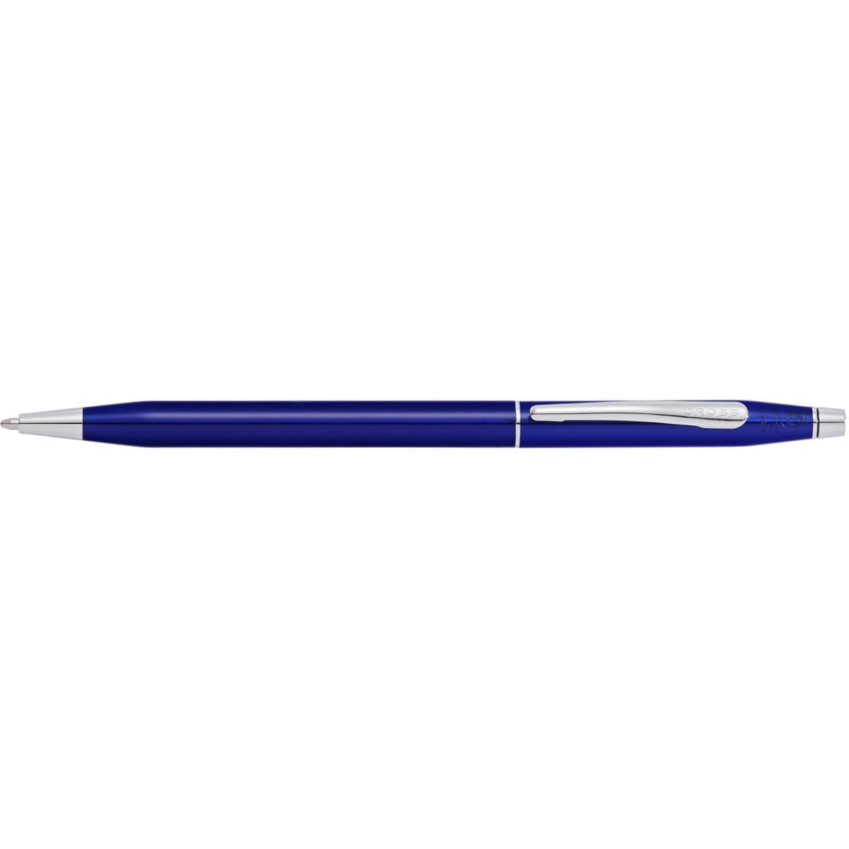 A ballpoint pen with a translucent blue lacquer finish and silver accents, featuring a clip and branding.