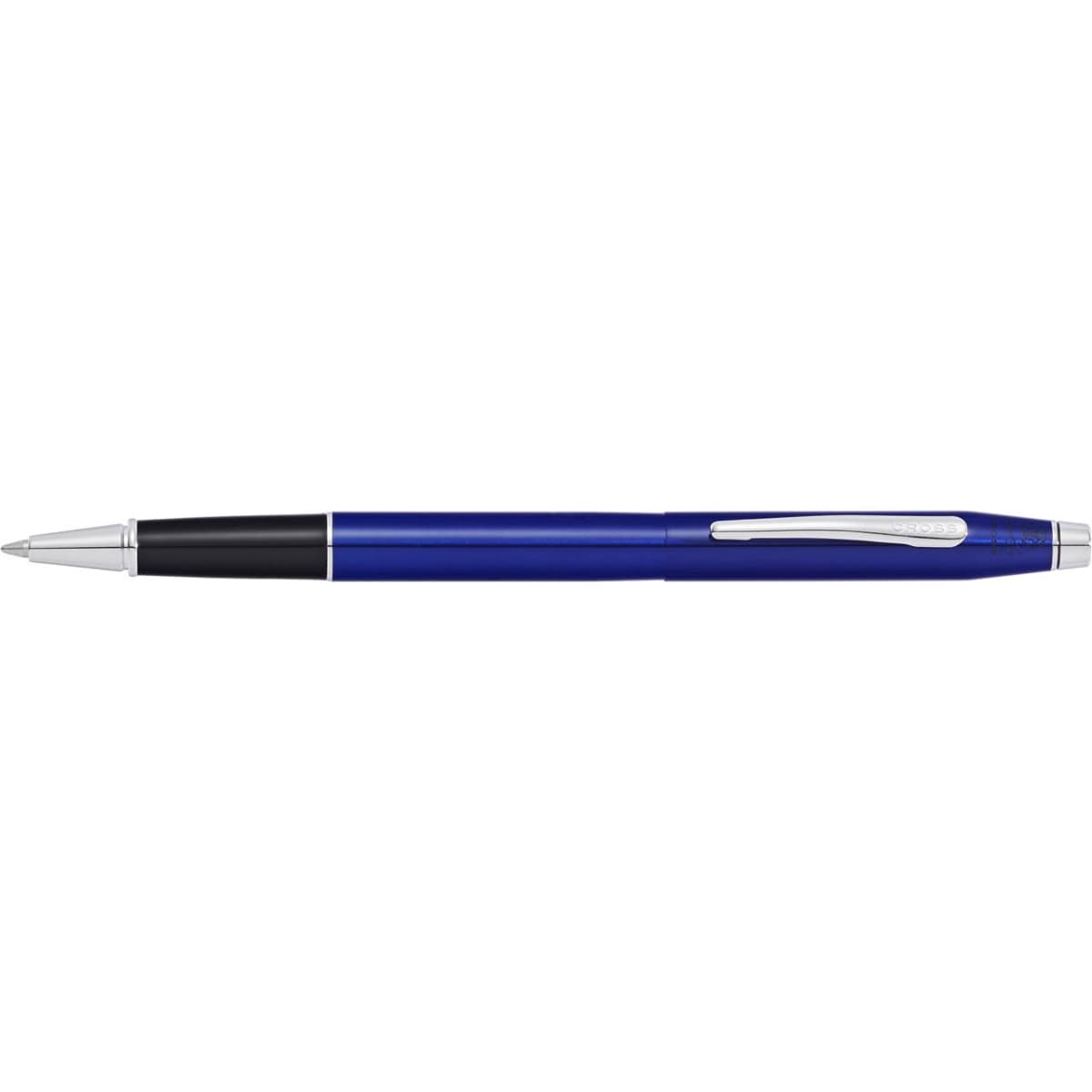 A retractable rollerball pen in translucent blue lacquer with a silver trim and a black grip. Features a logo.