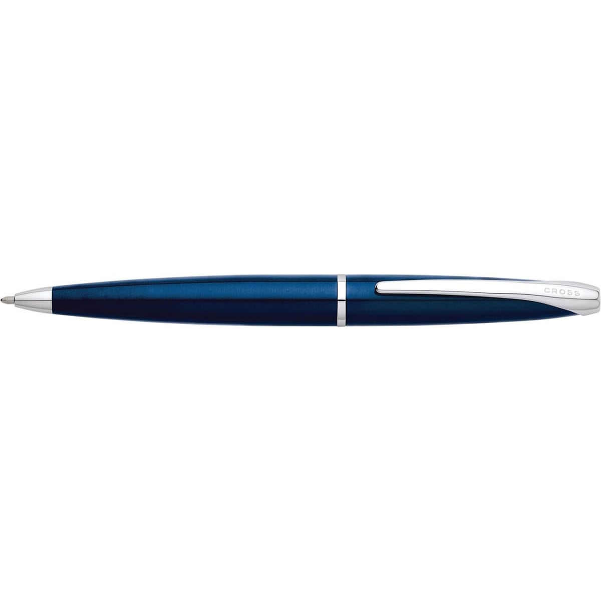 A blue translucent ballpoint pen with a silver clip and branding.