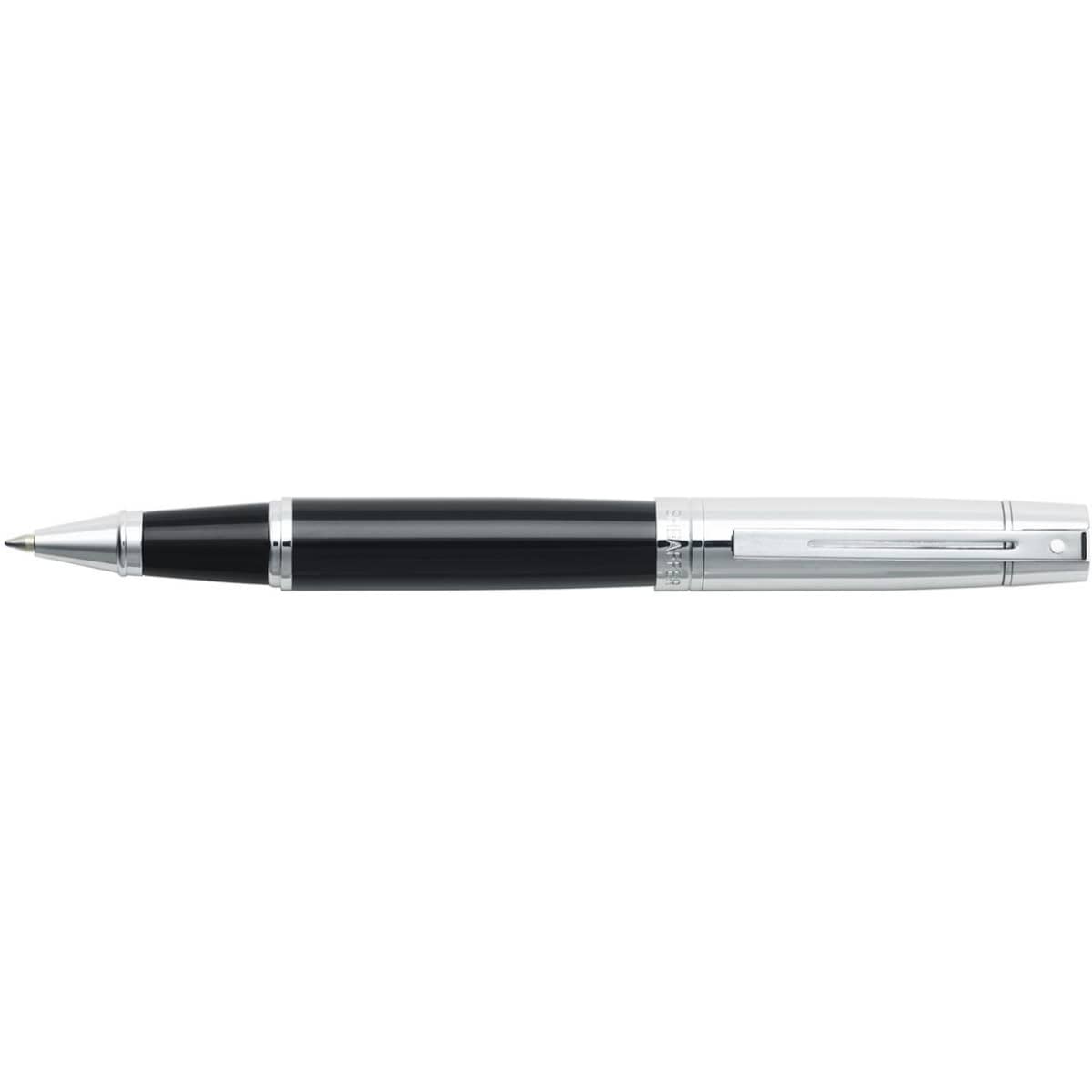 A pen in glossy black with a chrome cap and chrome accents, featuring a logo on the barrel.