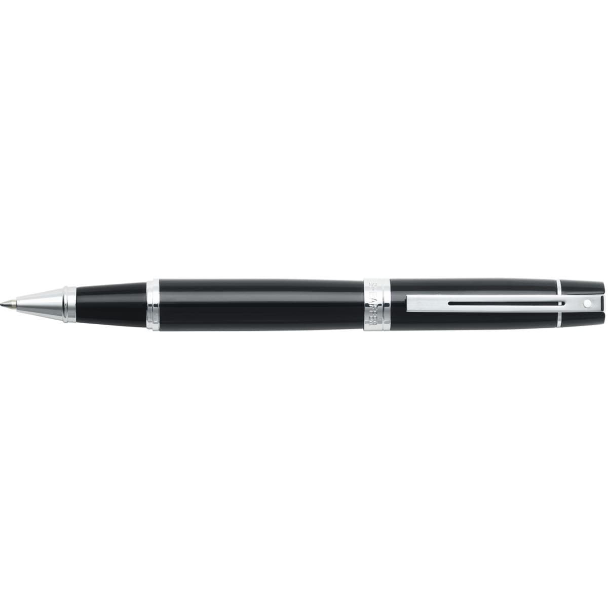 A sleek black and chrome rollerball pen with a polished finish and a branded logo.