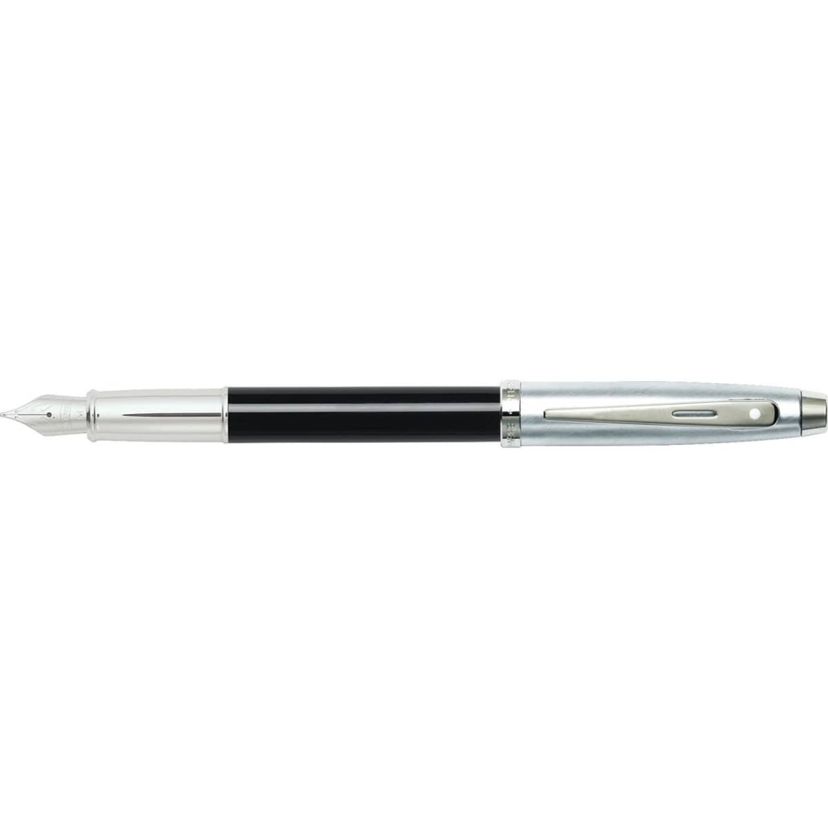A fountain pen featuring a glossy black barrel and chrome accents, with a silver nib and branding visible.
