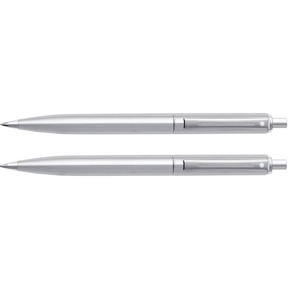 A brushed chrome ballpoint pen and mechanical pencil set, featuring a sleek design and a subtle logo.