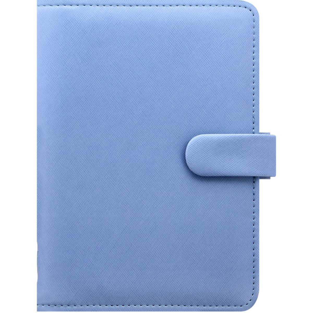 A portfolio organiser in a soft vista blue colour with a secure closure and textured surface. Features a logo.
