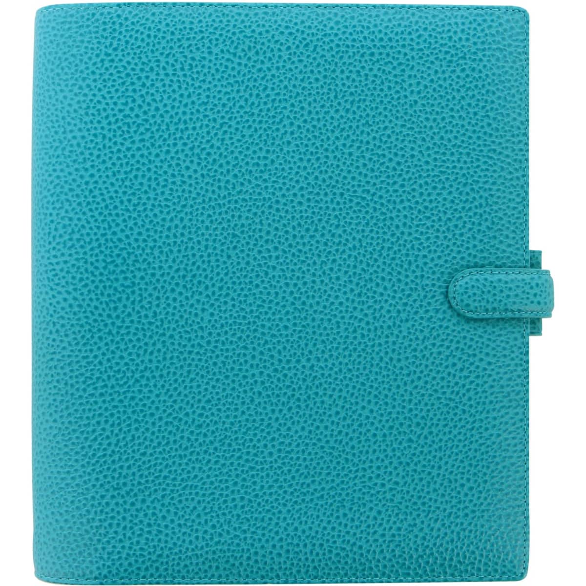 Aqua leather A5 organiser with a textured finish and a button closure, featuring a logo.