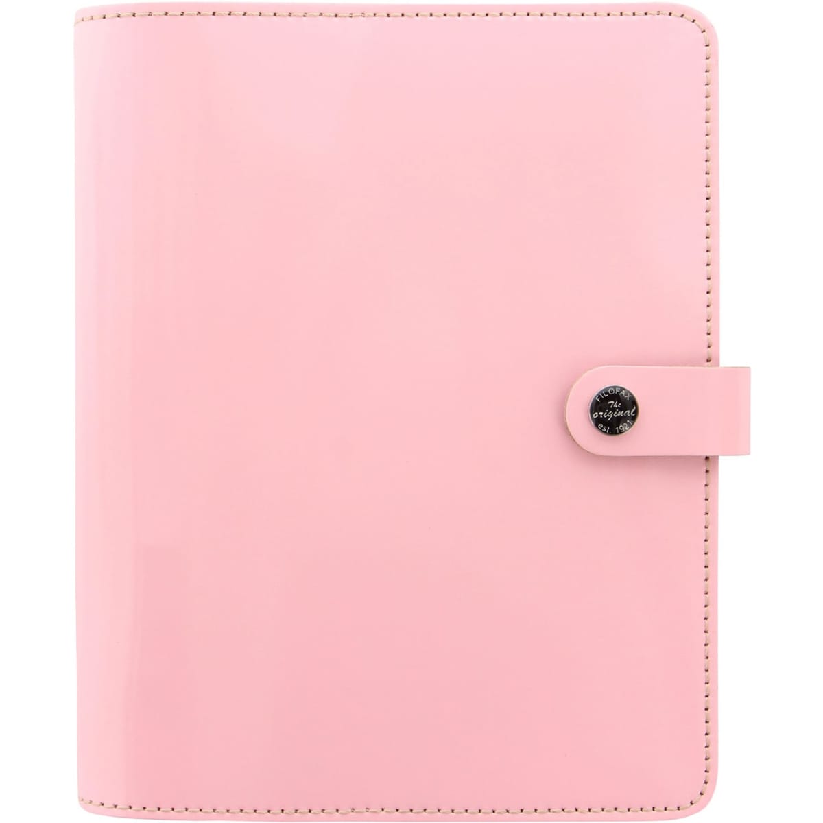 A pink A5 organiser made of patent leather with a button closure and a logo. Ideal for office use.