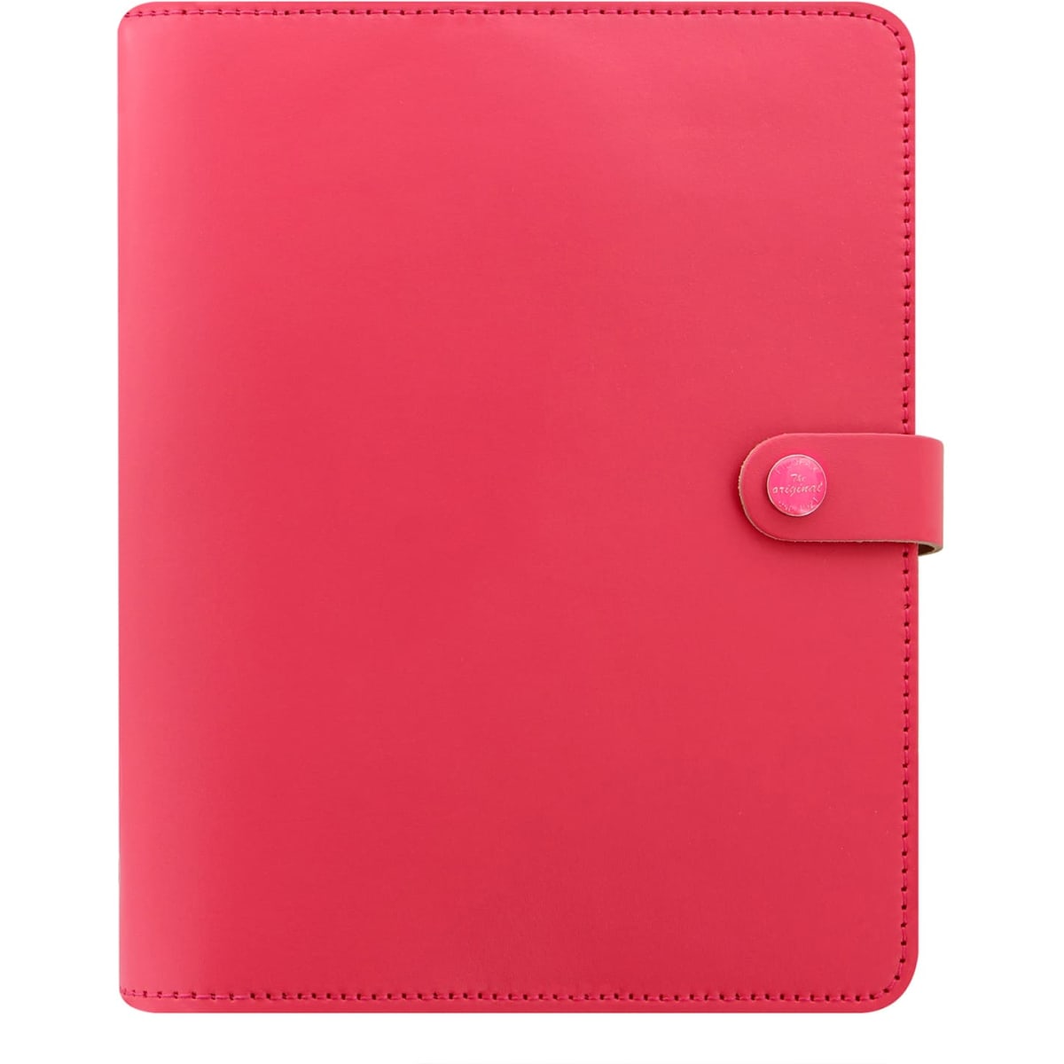 A coral leather A5 organiser with a button closure and branding on the front.