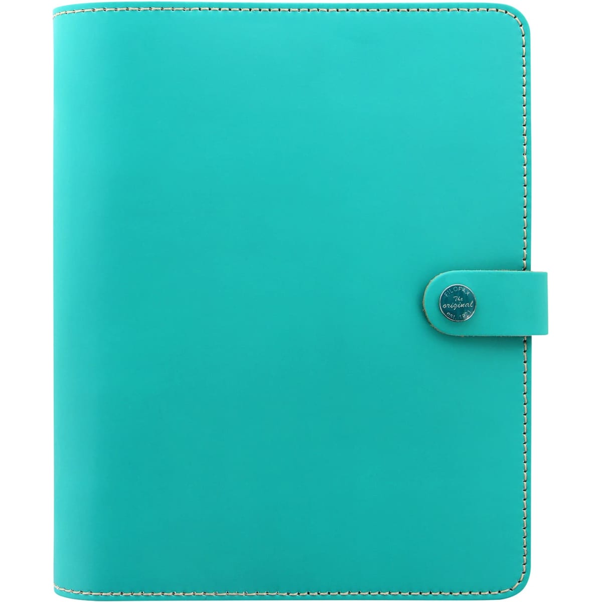 A turquoise leather organiser with a button closure and contrasting stitching, featuring a logo.