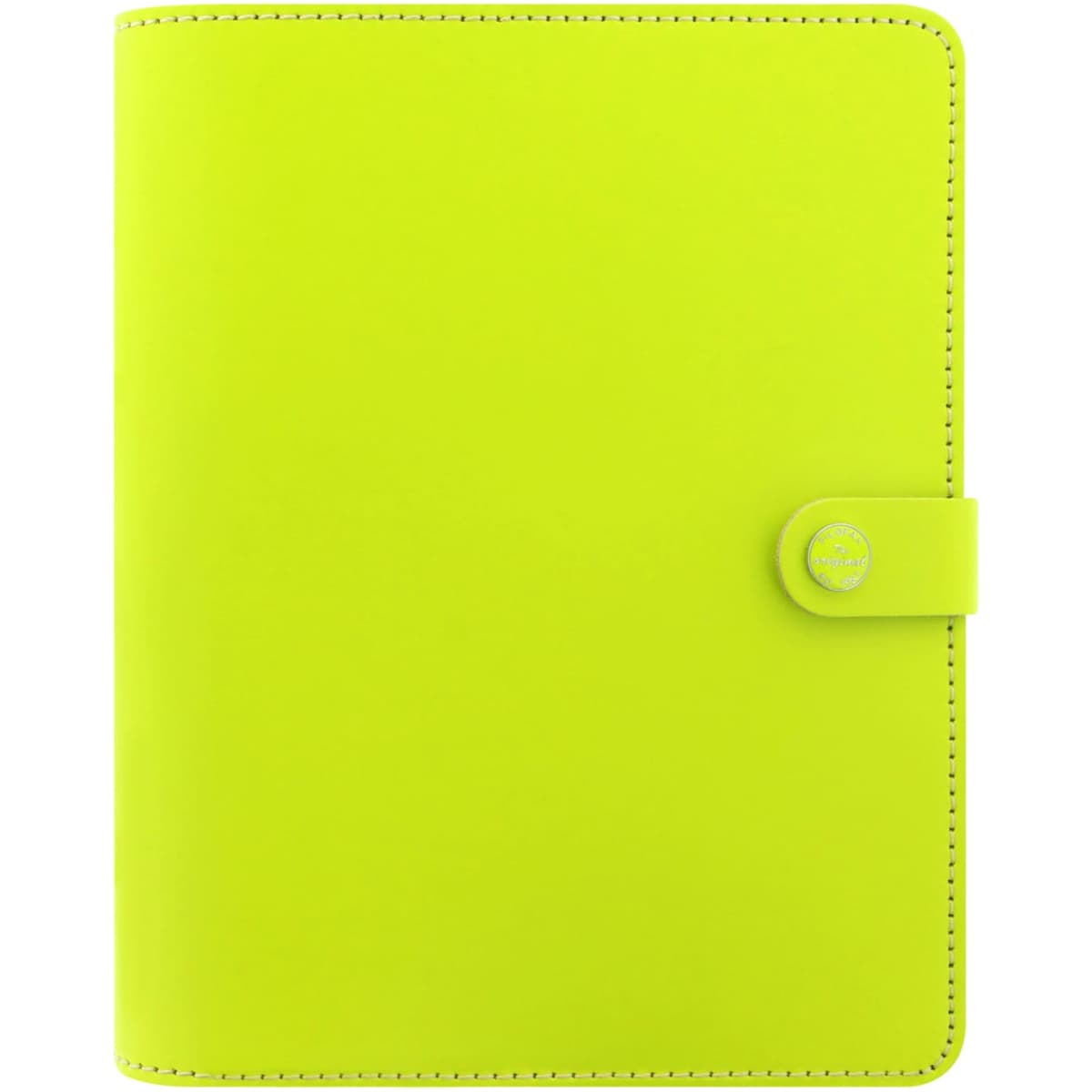 A bright green A5 organiser made of pear leather, featuring a snap closure and a logo.