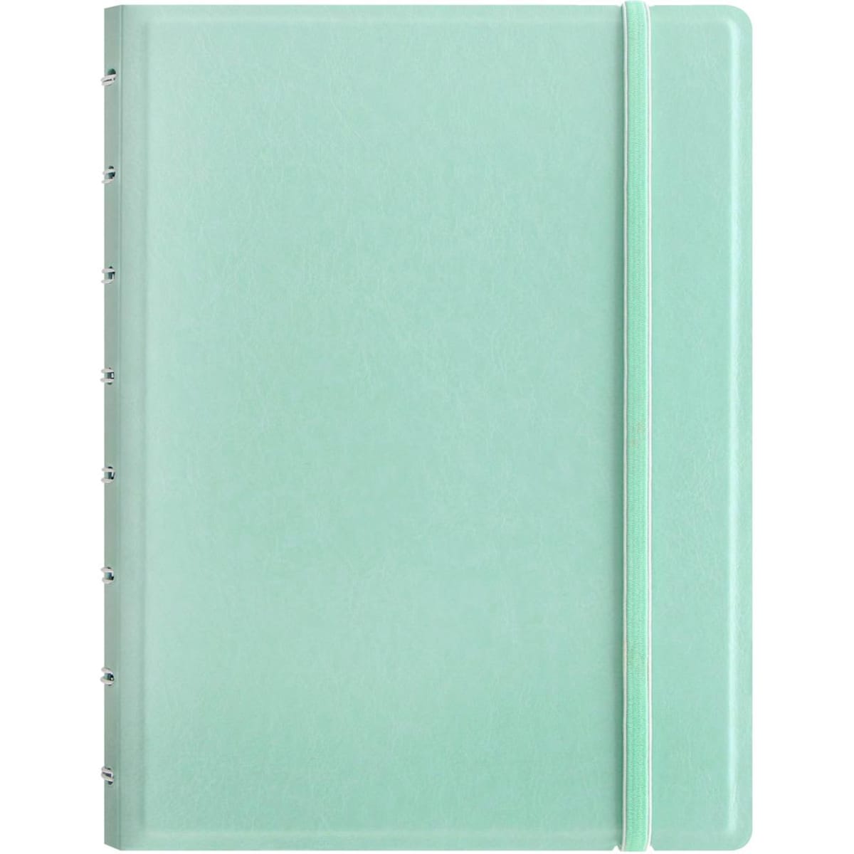 A duck egg blue A5 notebook with a soft cover and elastic band closure, featuring a logo on the front.
